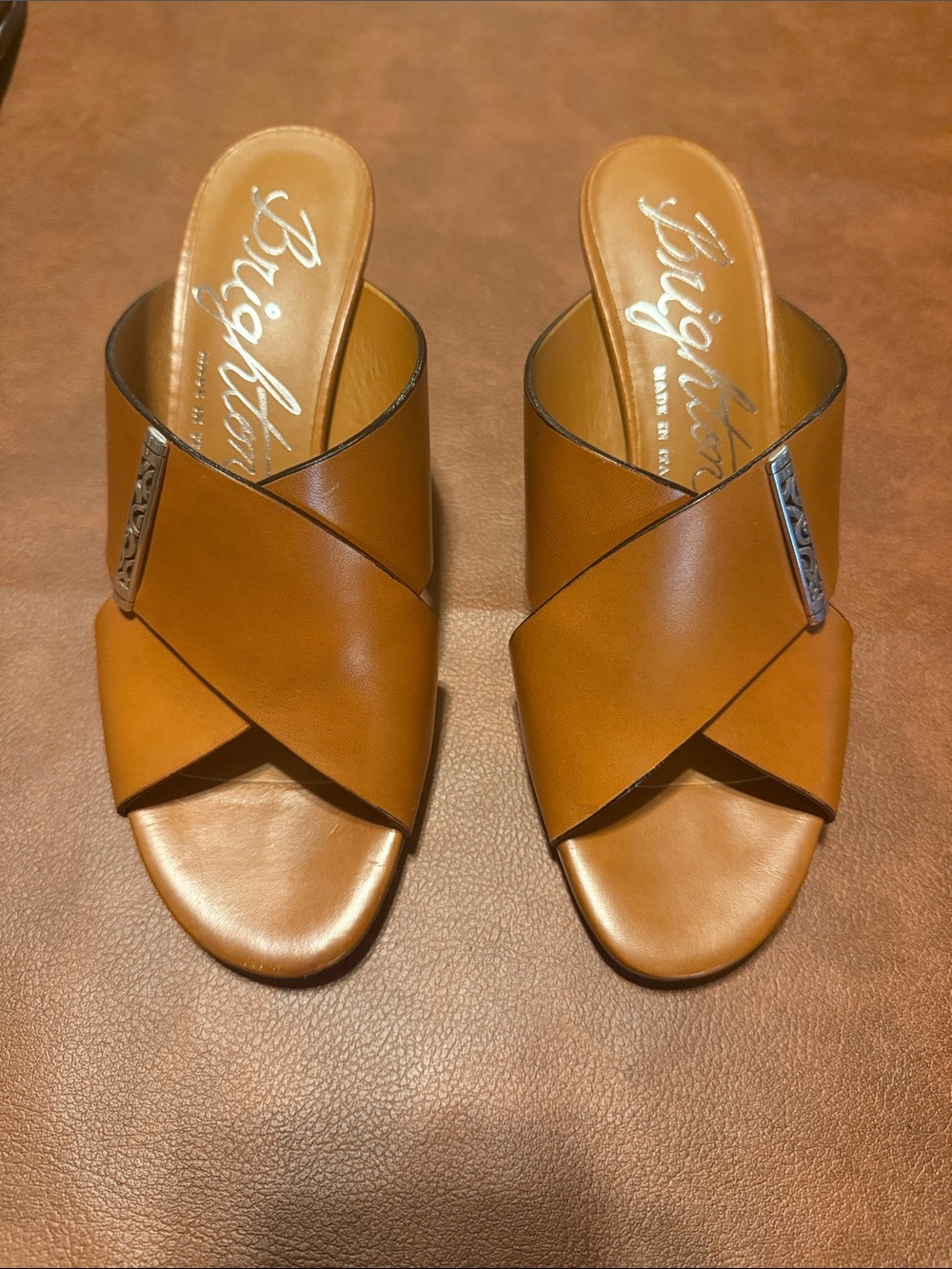Brighton Cognac Leather Crossband Slide Mules